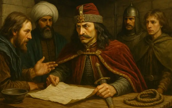 Vlad Tepeş’in Macar sarayında bir masanın başında belge inceleyerek karar verdiği anı, etrafında askerler ve danışmanlarla birlikte gösteren tarihi sahne.